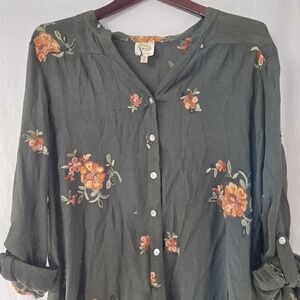 Fig & Flower Long Roll Tabbed Sleeve Shirt‎ Blouse Floral Embroidered Size L